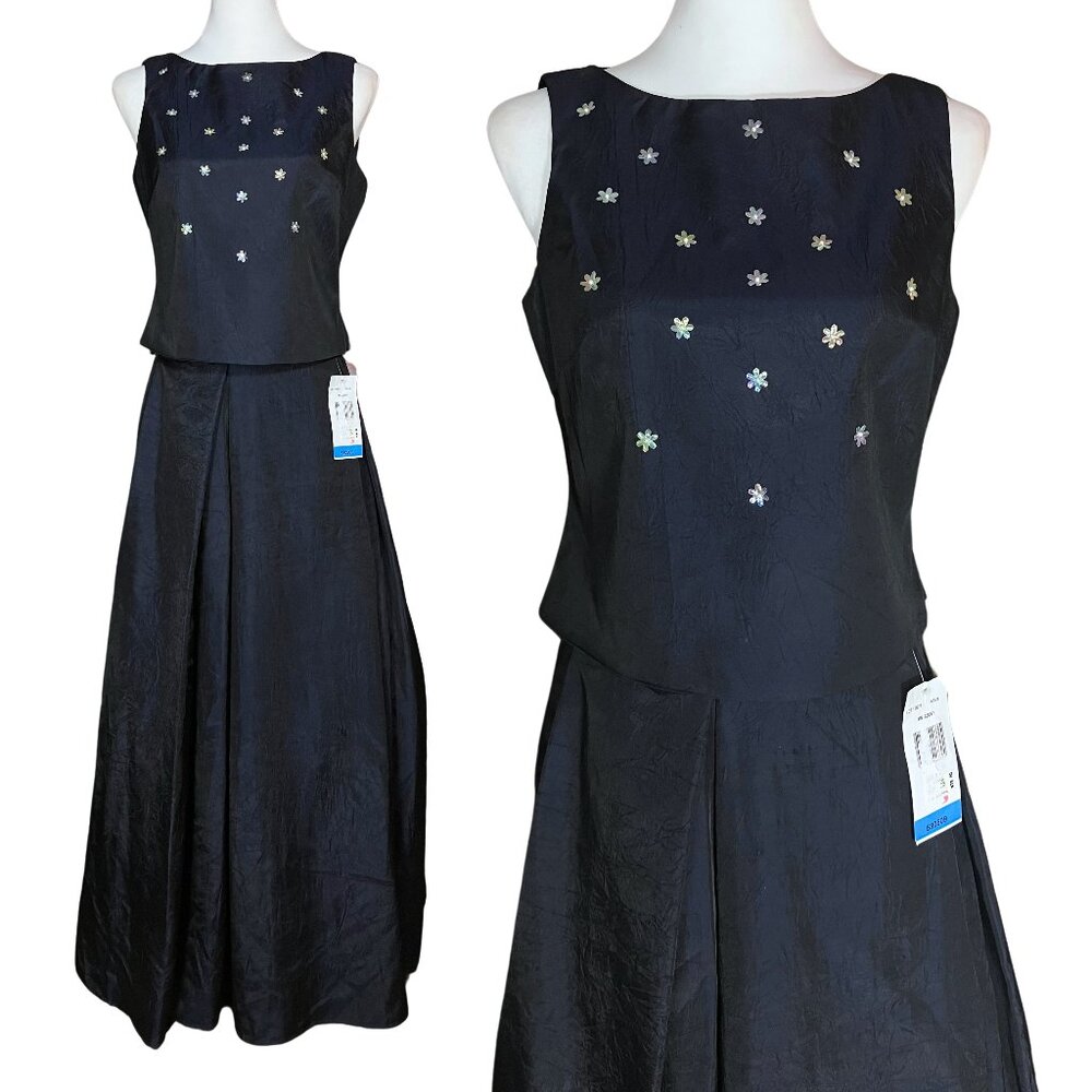 Vintage NWT 90s Y2K Navy Blue A Line Prom Dress Sequin S/M Petite 8 Whimisgoth